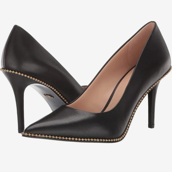 Coach Shoes - Coach Waverly Designer Pumps Stiletto Heels Black Leather 7.5 Ball Chain Hot 🔥